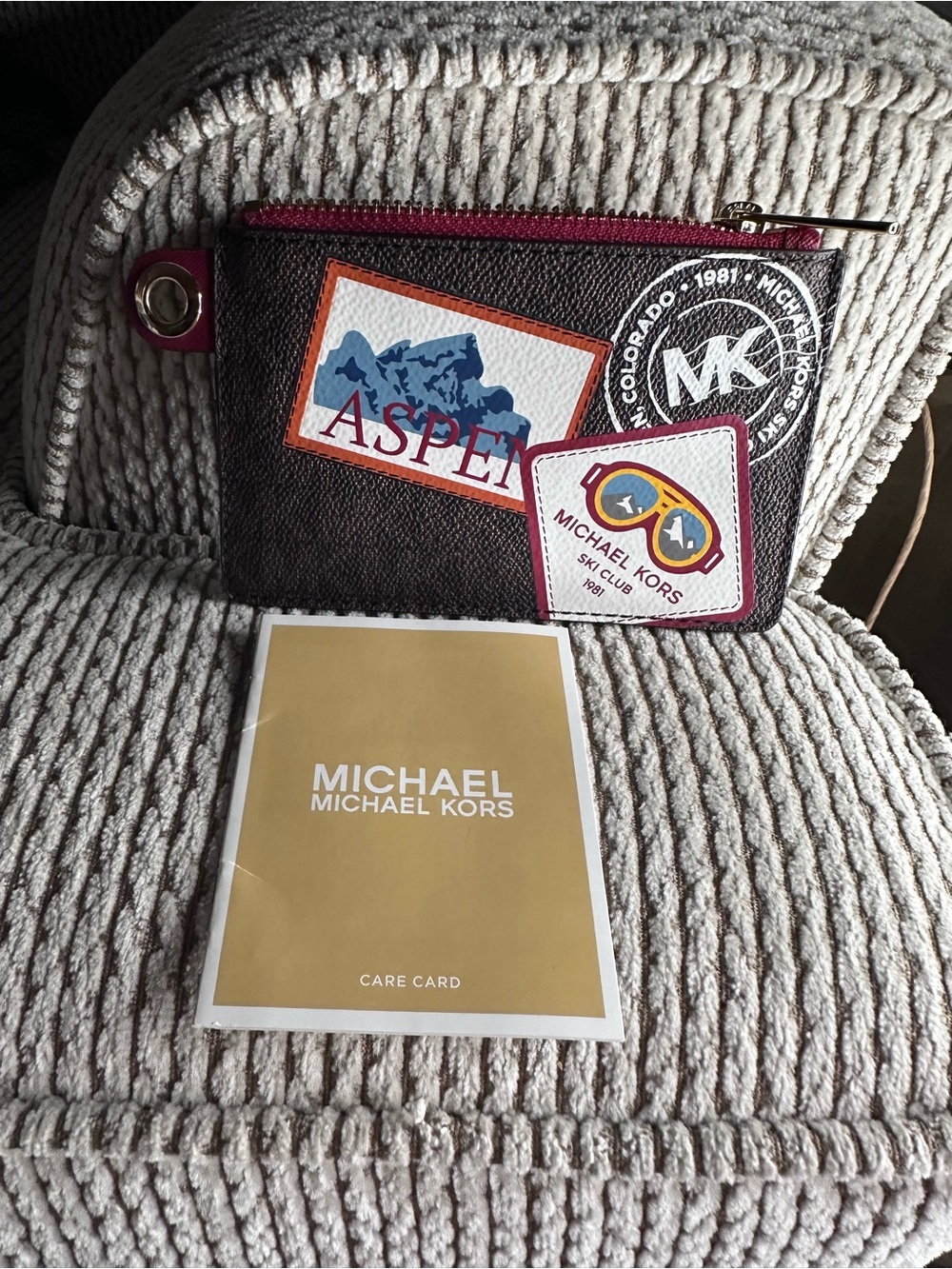 NWT Michael Kors Aspen Patch Zip Wristlet in Brown and Red